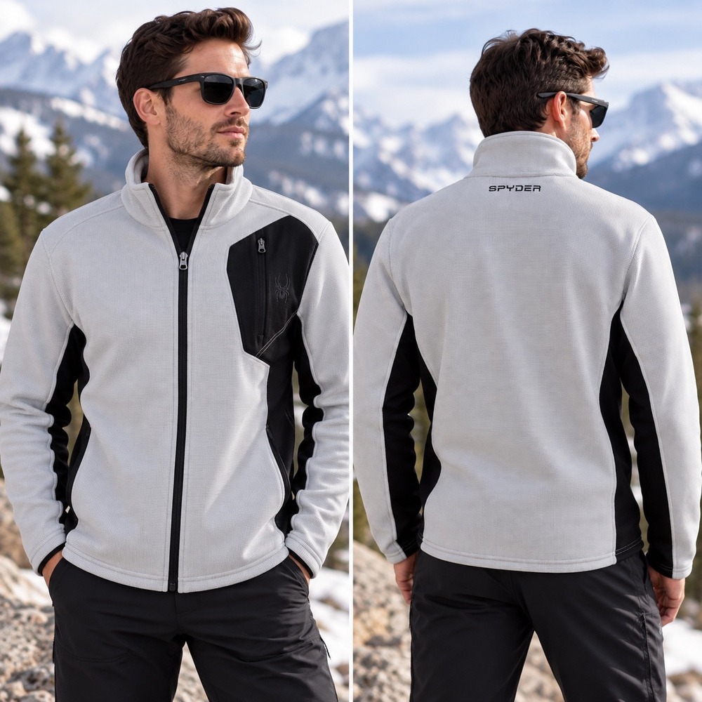 Spyder Mens Gray Black Full Zip Grid Fleece Jacket Mock Neck Activewear Medium